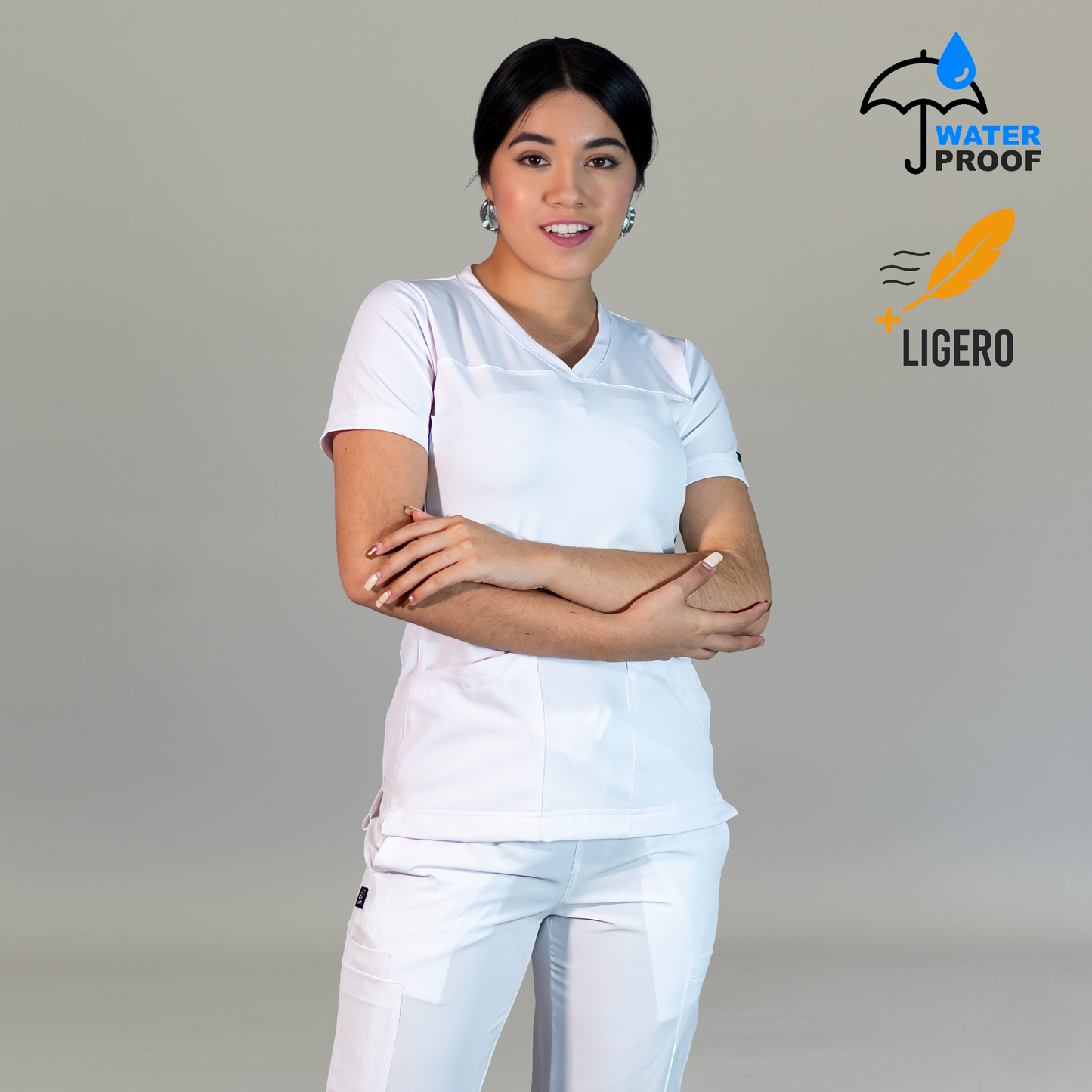 Filipina blanca FW 515 para mujer con corte ajustado, cuello en V y tela ligera antifluido