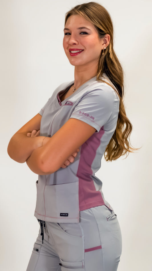 Filipina Quirúrgica, Scrubs Antifluido Mujer 300 Gris Perla/Palo de Rosa (Uniformes médicos)