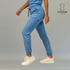 Women’s ceil blue scrub jogger pants in slim fit with tapered ankle cuffs