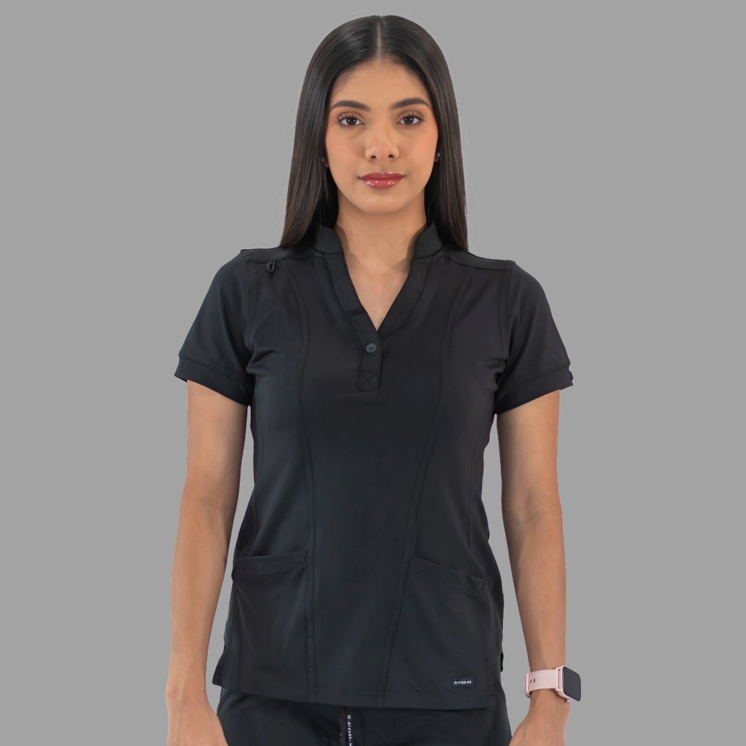 Women's black Style 930 scrub top, front view with arms relaxed