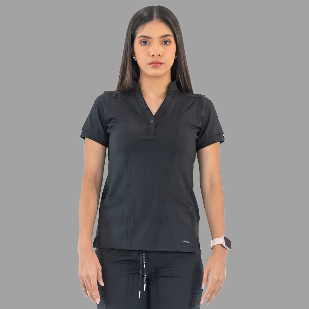 Women's black Style 930 scrub top, straight front view