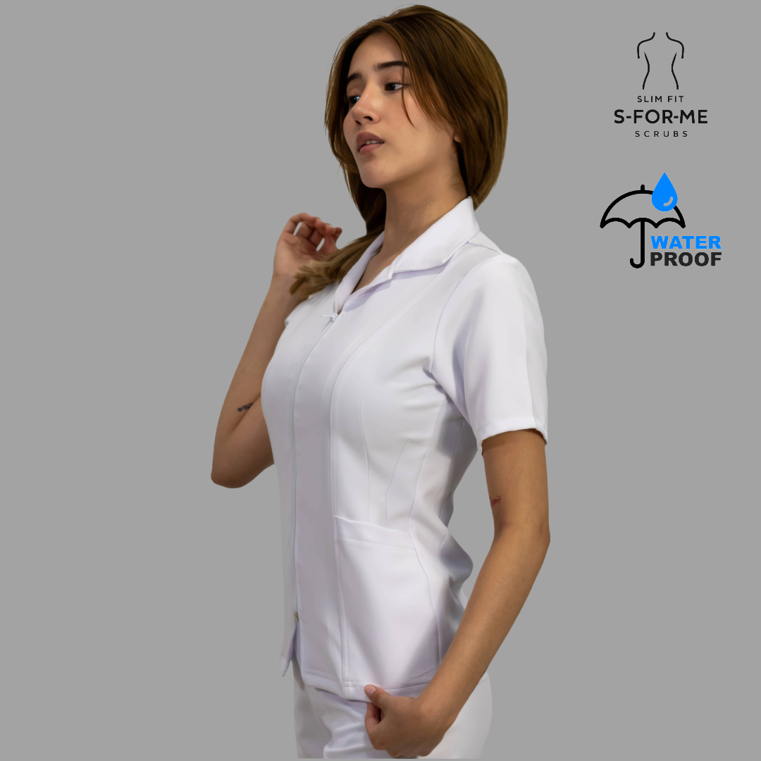 Filipina médica Alviero Stretch blanca para dama manga corta antifluido vista frontal