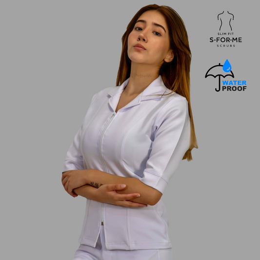 Filipina Médica Blanca Mujer Manga 3/4 Stretch Antifluido Cuello Sport