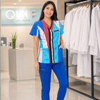 Detalle de filipina estampada azul para enfermera y doctora
