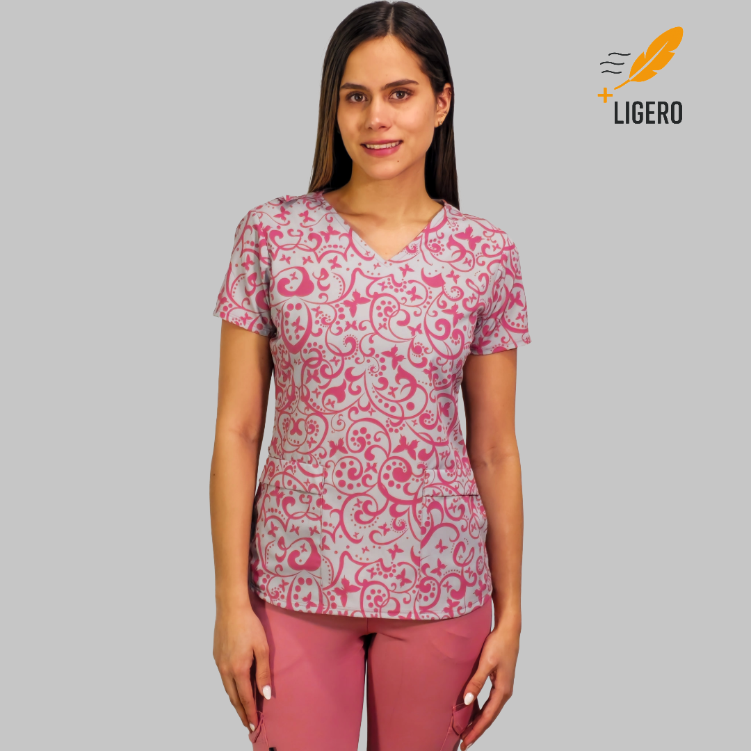 Filipina Estampado Floral Gris Perla/Palo de Rosa, Scrubs 600 (Uniformes Médicos)