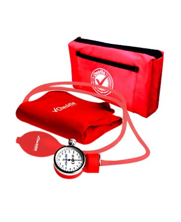 Baumanómetro aneroide rojo con brazal y perilla para presión arterial